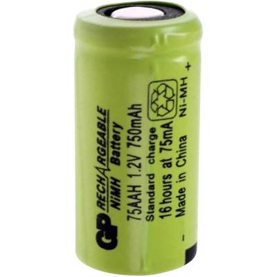 Zelena NiMH baterija z napisom '750mAh 1.2V' in 'Standardno polnjenje 16 ur pri 75mA'. Pravokotni simbol za recikliranje.
