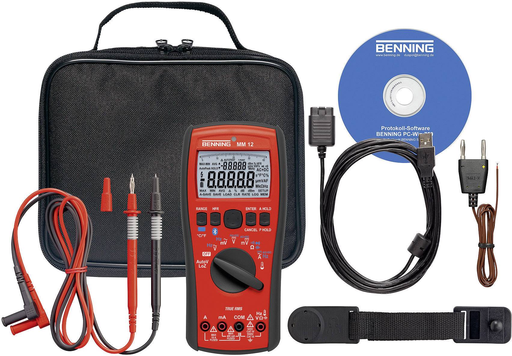 Rdeč multimeter s kabli in dodatno opremo, vključno s torbico za prenašanje, CD-jem, podatkovnim kablom in temperaturnim senzorjem.