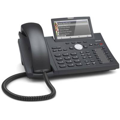 Sodoben namizni telefon s slušalko in zaslonom. Zaslon prikazuje seznam stikov z imeni. Tipkovnica in zvočnik sta vidna.