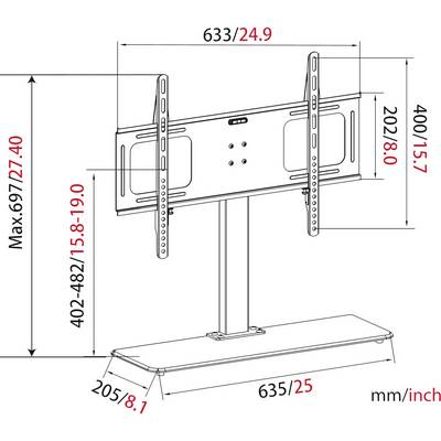 Tehnična risba TV stojala z merami. Horizontalna širina 633 mm/24,9 palca, višina 697 mm/27,4 palca, globina 205 mm/8,1 palca.