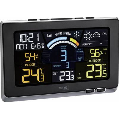 Digitalni zaslon s časom 10:21, datum 6/6, notranja temperatura 24,5°C, vlažnost 54%, zunanja temperatura 23,5°C, vlažnost 56%, trenutna hitrost vetra 3 po Beaufortovi lestvici. Napoved kaže sončno.
