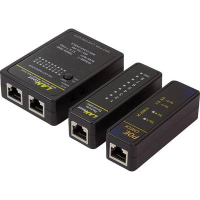 Tri mrežne testne naprave z Ethernet vrati, LED indikatorji in natisnjenimi navodili za preverjanje LAN povezav.