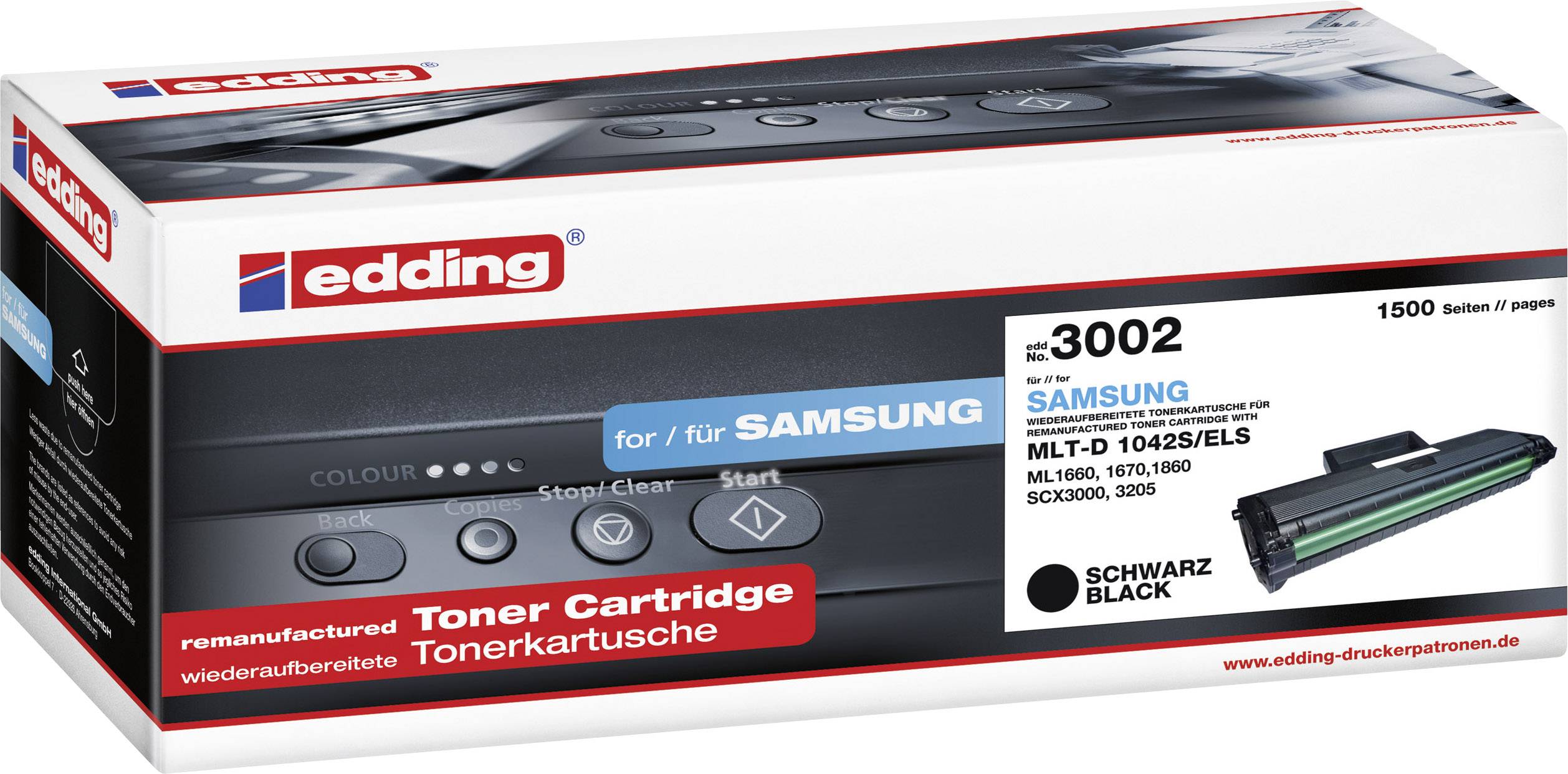 Kartonska škatla z nalepko 'Edding 3002' vsebuje obnovljeno črno tonersko kartušo za modele tiskalnišev Samsung.