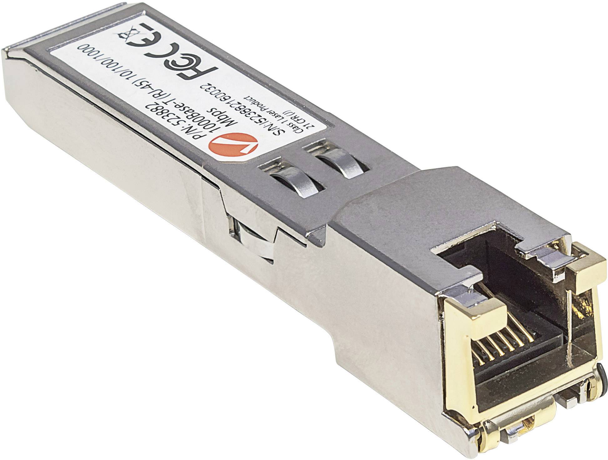 SFP pretvornik z kovinskim ohišjem in priključki, primeren za pretvorbo iz optičnih vlaken v ethernet.