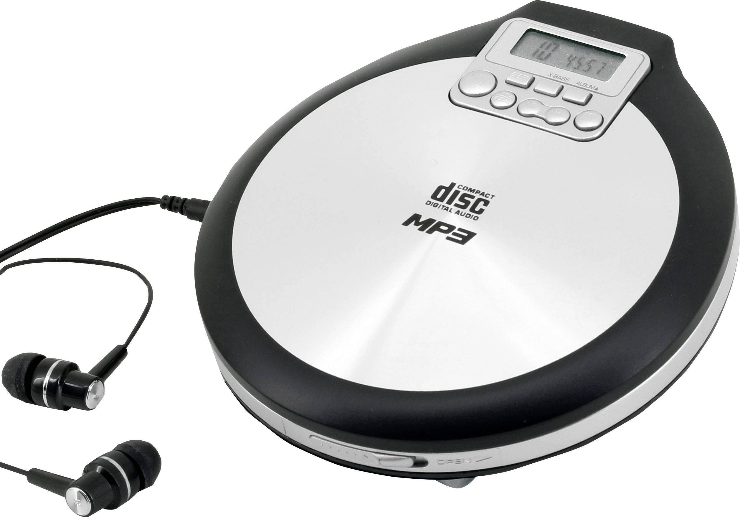 Prenosljiv CD-predvajalnik z MP3-funkcijo, srebrno-črne barve, z digitalnim zaslonom in upravljalnimi elementi. Zraven ležijo črne vložne slušalke.