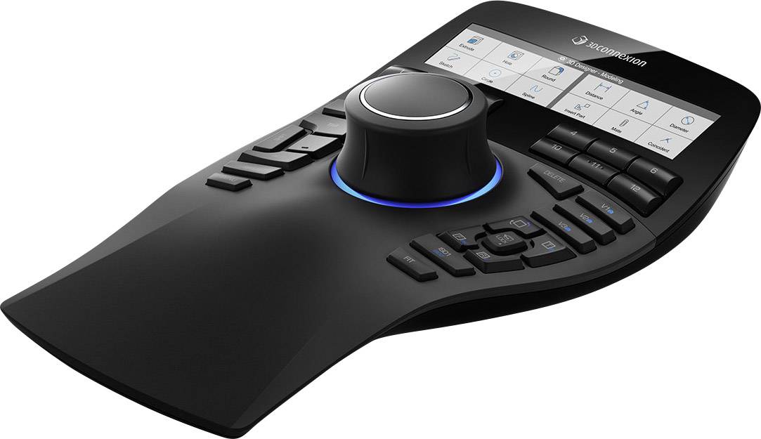 3D-miška z ergonomsko zasnovo, velikim centralnim krmilnim gumbom in več tipkami. Zaslon z funkcijskimi simboli nad tipkami.