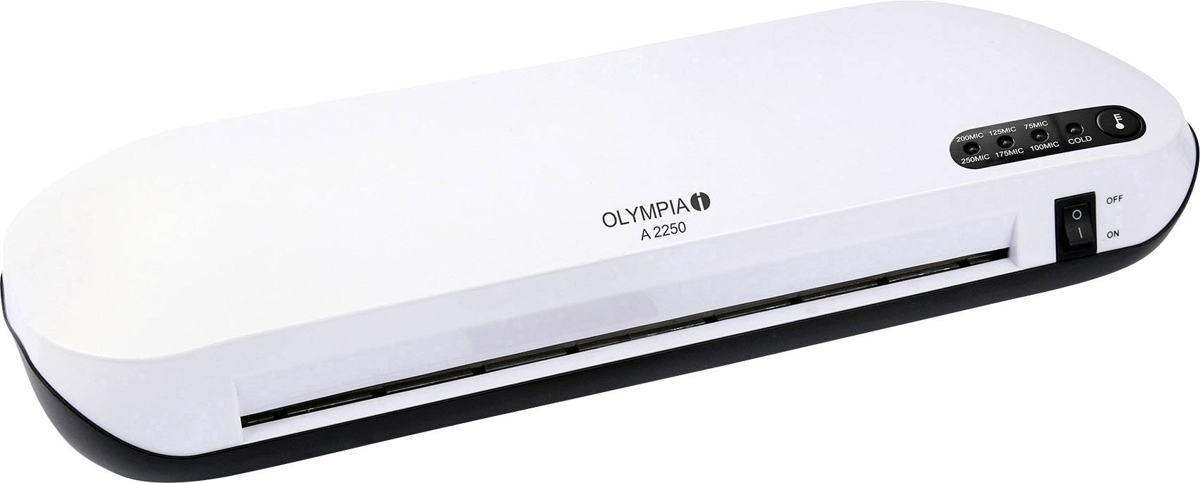 Bela laminator, model Olympia A 2350. Ima upravljalne tipke na vrhu in odprtino spredaj za zatesnjevanje dokumentov.