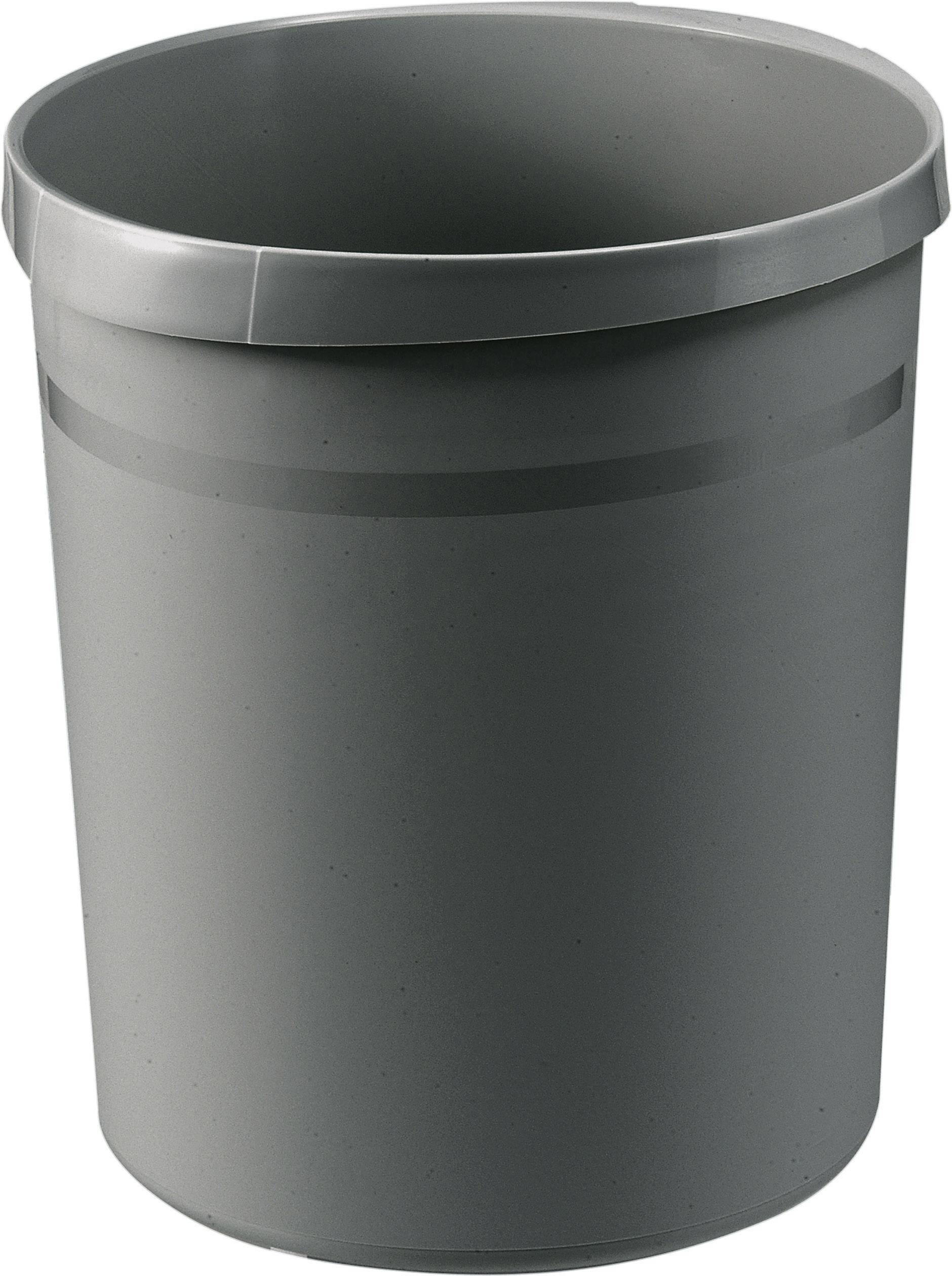 Siv, cilindričen koš za smeti iz plastike stoji pokončno.