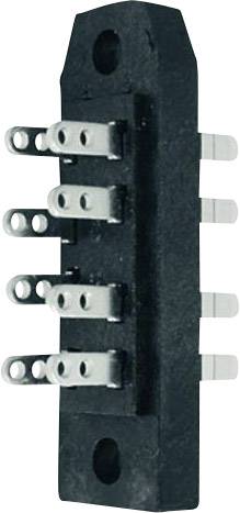 Črni elektronski priključek z več kovinskimi stiki, ki štrlijo ob strani. Primeren za električna vezja.