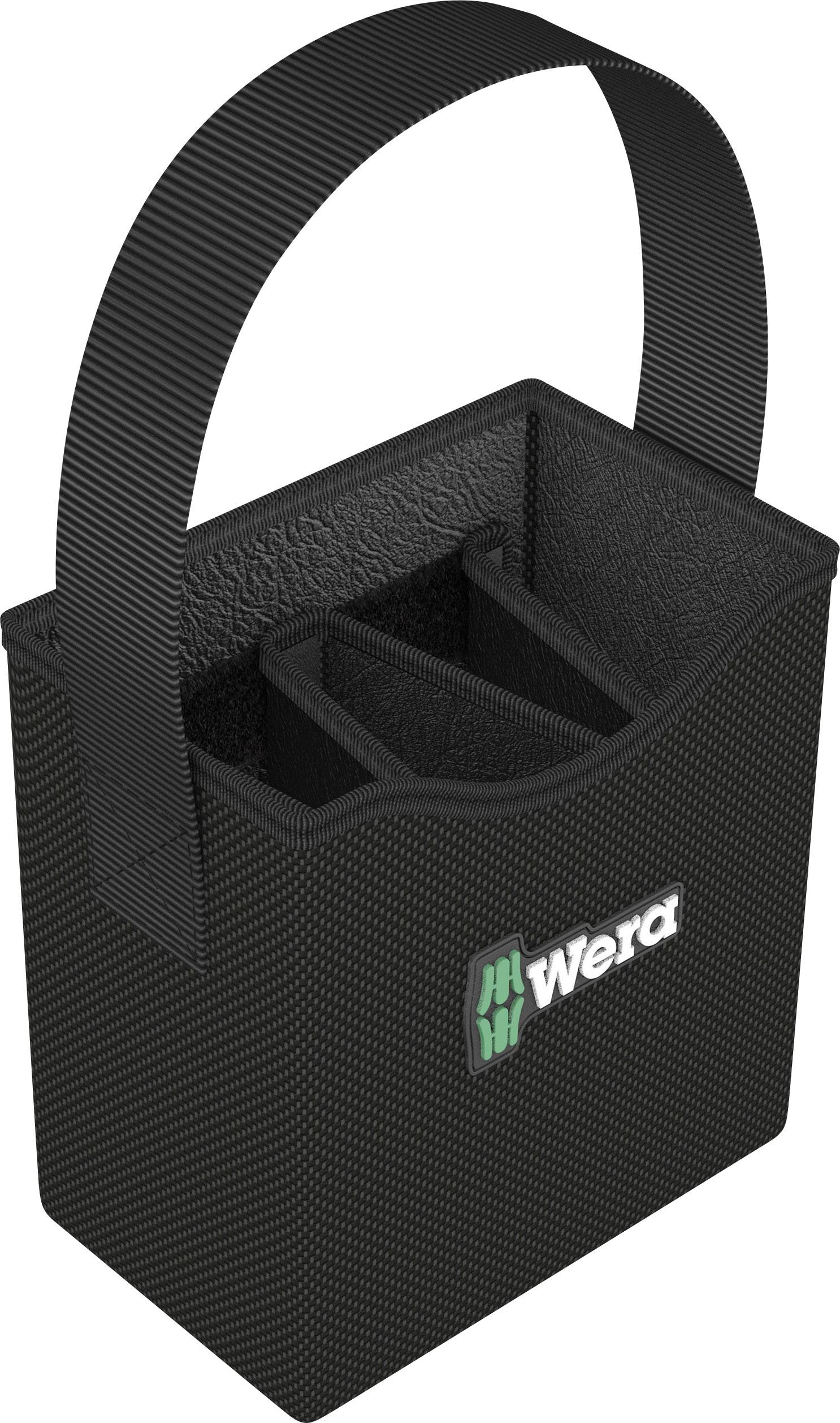 Črna torba za orodje z ročajem in logotipom 'Wera'. Znotraj tri predalčke za shranjevanje orodja. Primerna za transport.