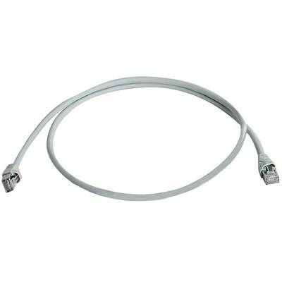 Siv ethernet kabel z vtiči na obeh koncih, primeren za mrežne povezave.
