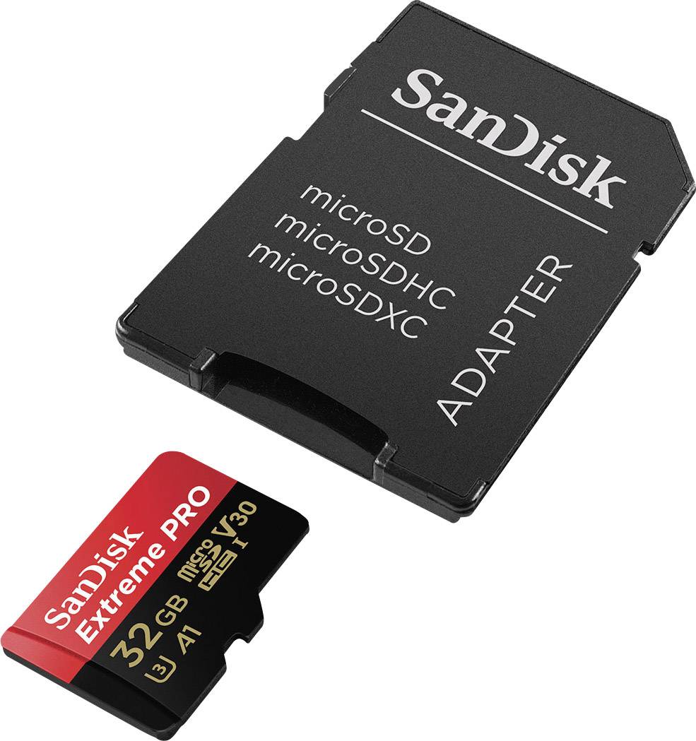 Pomnilniška kartica SanDisk microSD s kapaciteto 32 GB, zraven pa adapter za vstavljanje microSD kartice v združljive naprave.