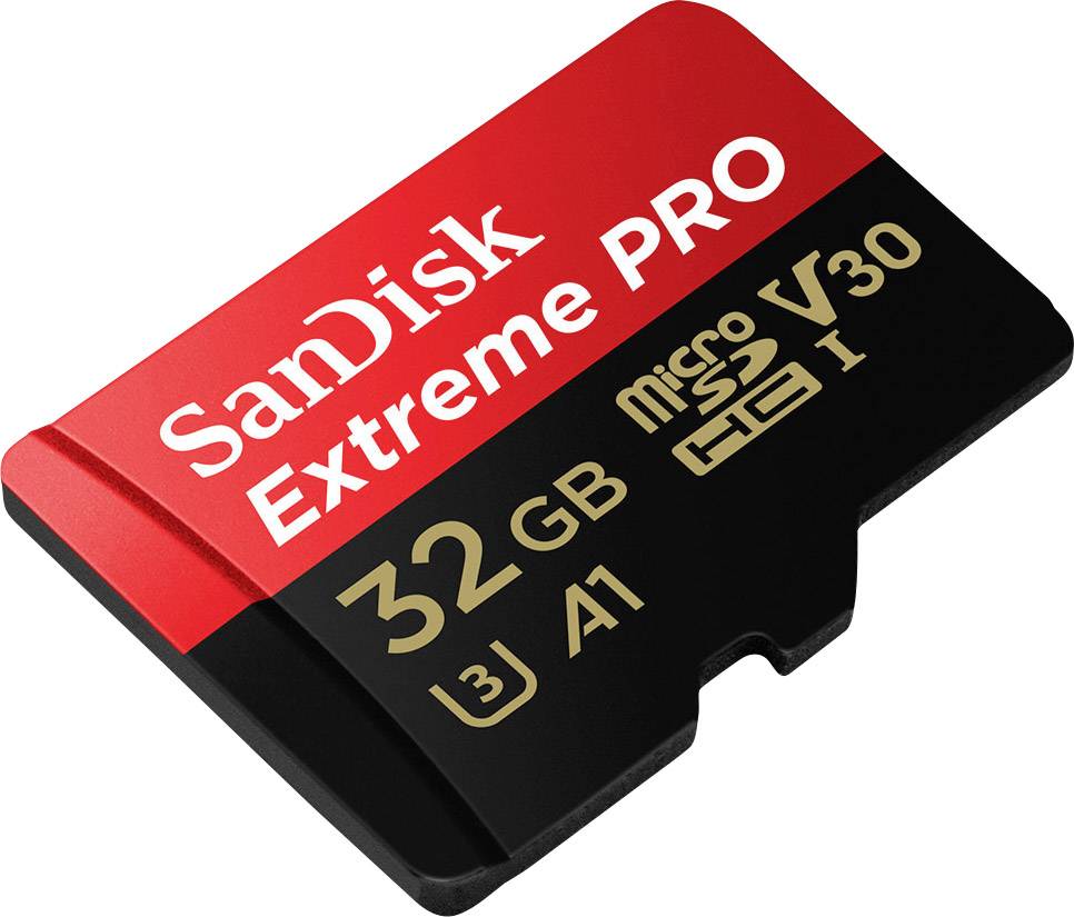 Rdeča in črna microSD-kartica SanDisk Extreme PRO s 32 GB prostora, oznakama V30, U3, A1 in UHS-I.