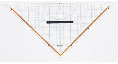 Prozorno geometrijsko ravnilo z oranžnimi linijami na robovih in črnimi oznakami, ki se uporablja za merjenje in risanje.