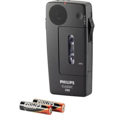 Philips Classic 388 kasetni snemalnik z vgrajenim zvočnikom. Pred njim ležita dva akumulatorja AA.