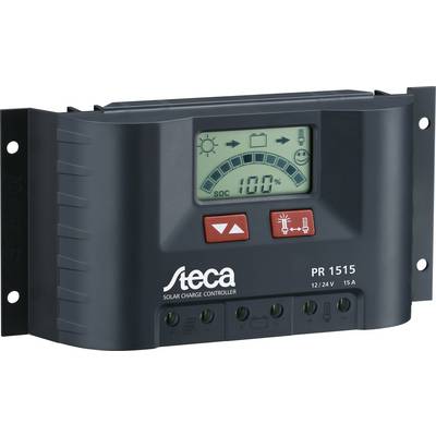 Solarni regulator polnjenja z digitalnim prikazom kaže 100-% stanje napolnjenosti, simboli sonca, baterije, lune in nasmešek.