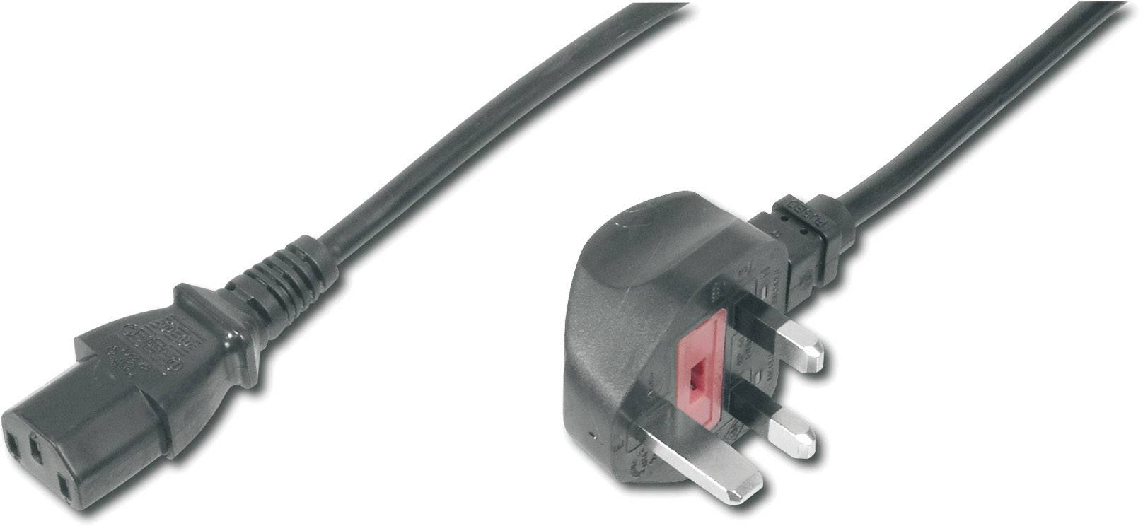 Črn električni kabel z tropolnim vtičem na levi strani in UK vtičem na desni strani na belem ozadju.