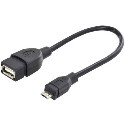 Črn USB OTG kabel s standardnim USB priključkom na eni strani in mikro USB priključkom na drugi strani.