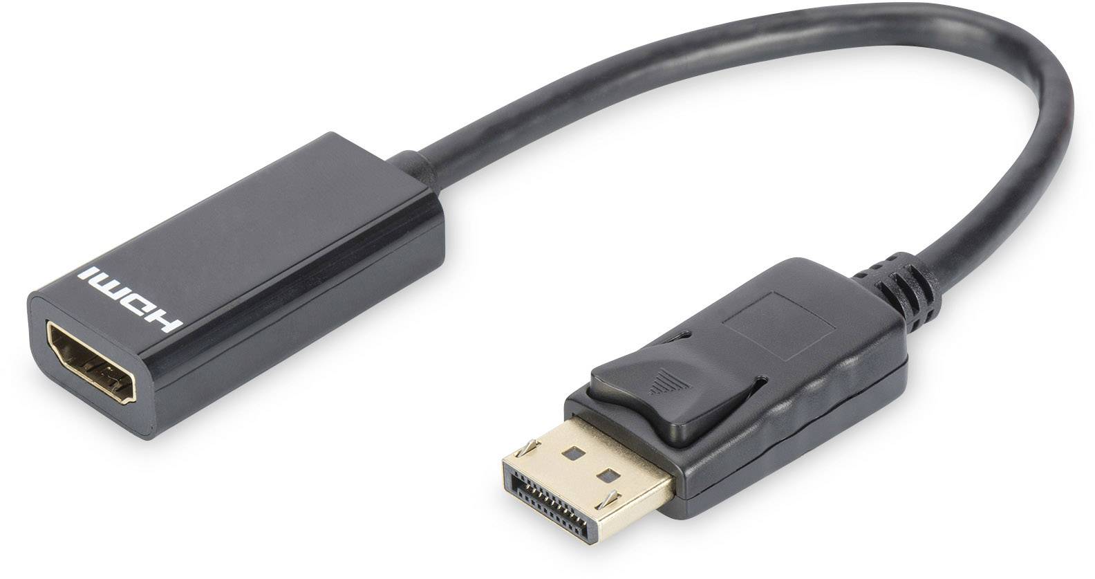 Črn adapter kabel z HDMI priključkom na eni strani in DisplayPort priključkom na drugi strani.
