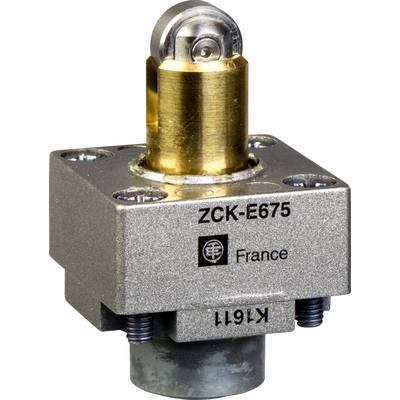 Mehanski stikalni element ZCK-E675 podjetja Telemecanique, z ohišjem iz kovine in aktiviranjem preko zlato obarvanega vzvoda z koleščkom.