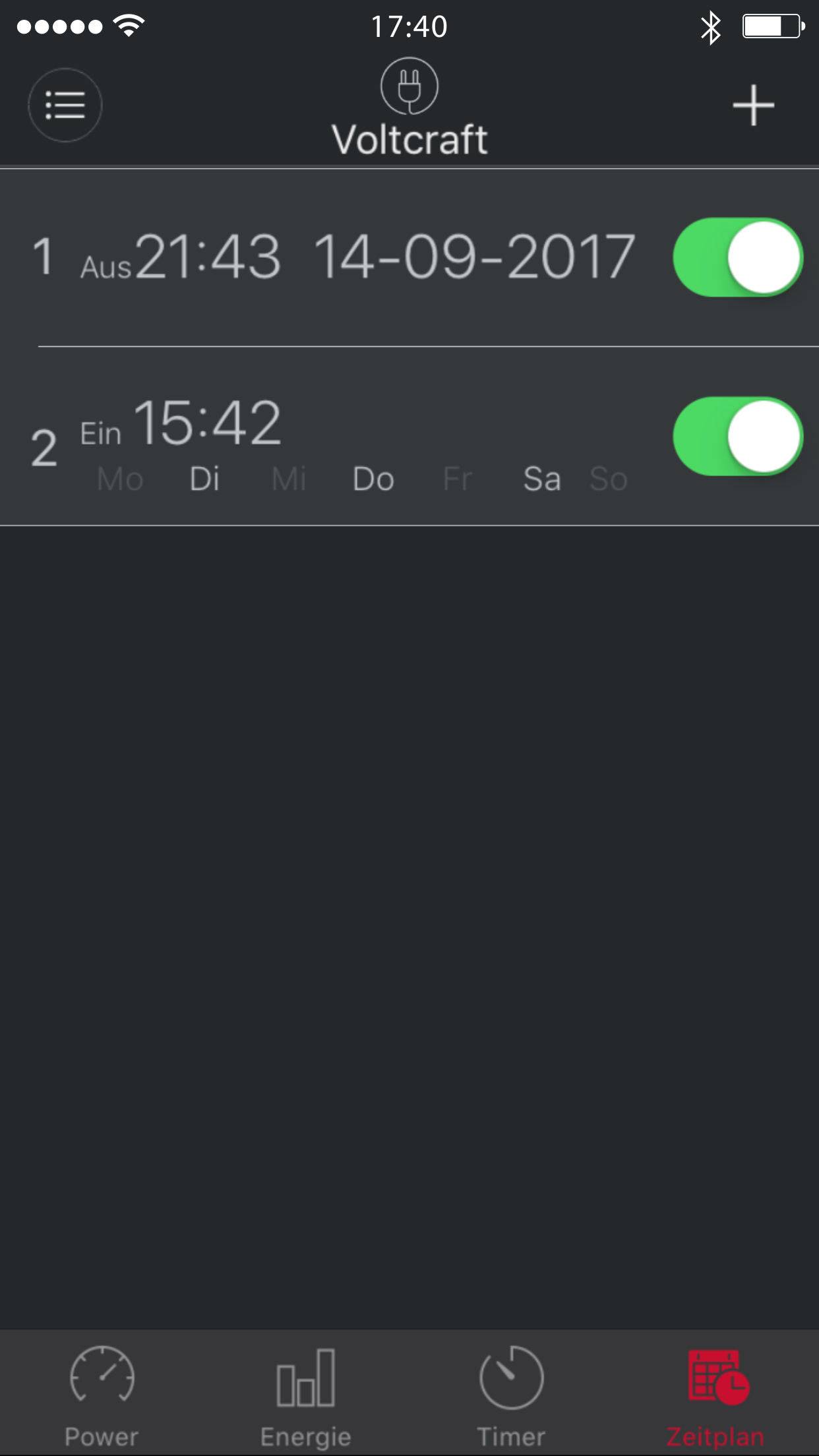 Prikaz urnika v aplikaciji Voltcraft prikazuje dva aktivna časovnika: prvi se izklopi ob 21:43 dne 14. 09. 2017, drugi pa se vklopi ob 15:42.