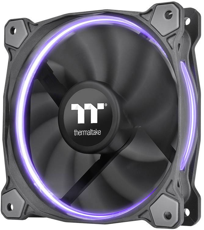 Črn računalniški ventilator s vijolično LED osvetlitvijo in logotipom 'Thermaltake' na sredini. Idealen za hlajenje ohišja.