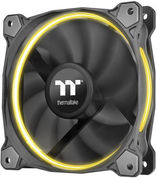 Črn računalniški ventilator podjetja Thermaltake z rumeno LED osvetlitvijo na robu, primeren za hlajenje računalniških ohišij.