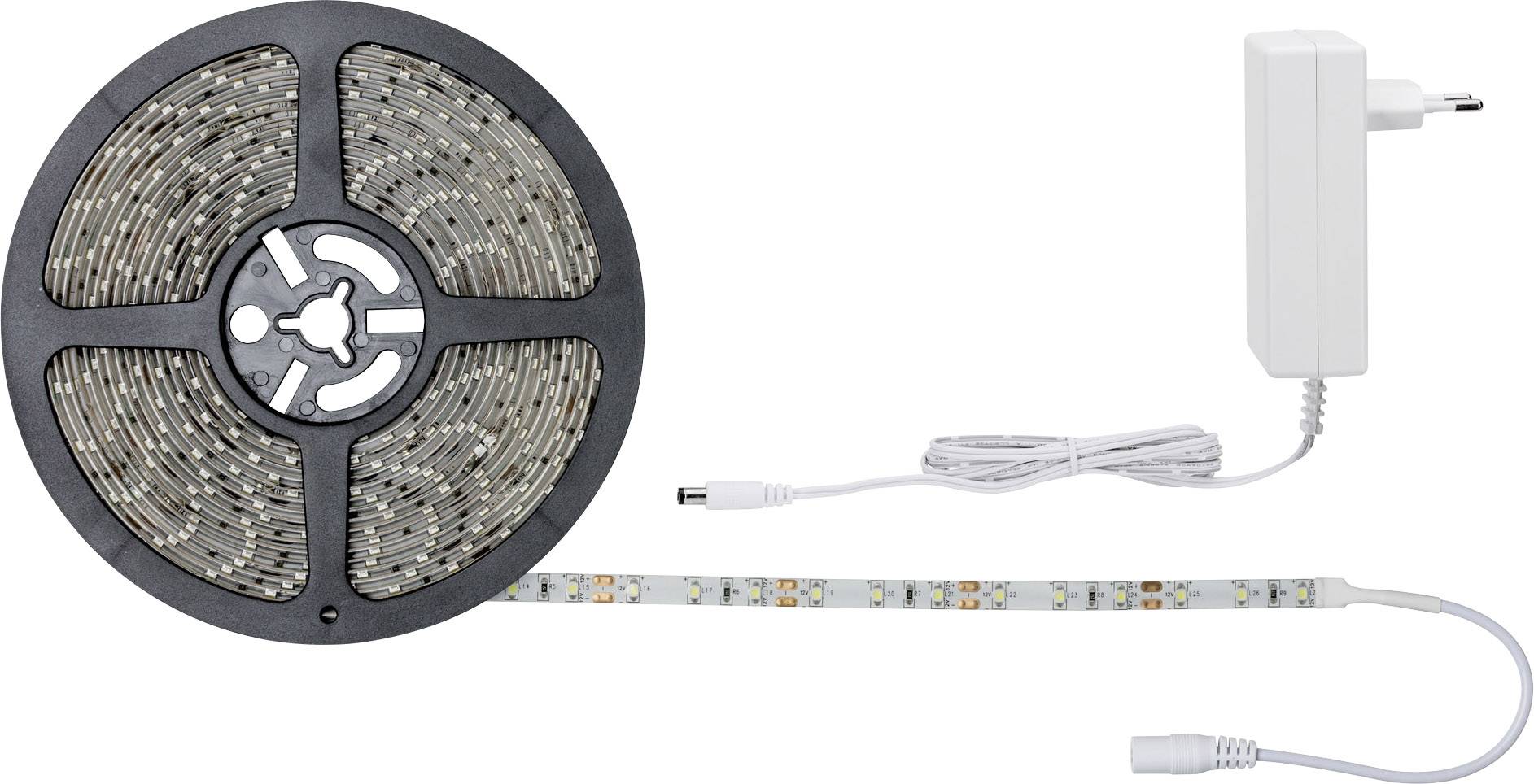LED-svetlobni trak na kolutu z napajalnim adapterjem, razvit odsek prikazuje barvne LED-diode. Idealen za dekorativno osvetlitev.
