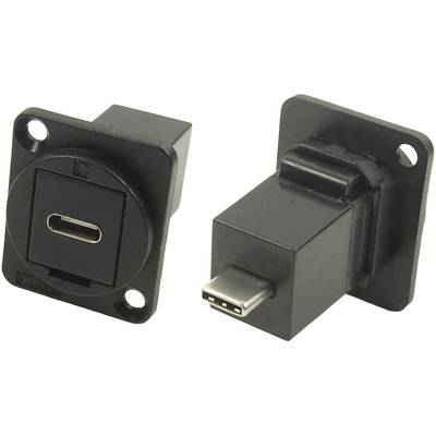 Dva črna USB-C priključka s kvadratnim prirobničnim robom in luknjami za vijake, idealna za vgradnjo v panel.