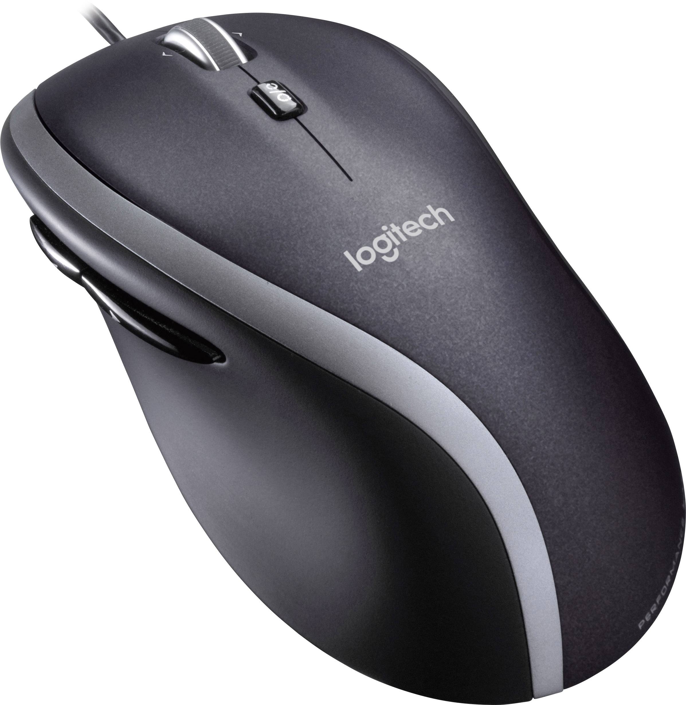 Črna računalniška miška s srebrnimi poudarki in drsnim koleščkom, označena z logotipom 'Logitech' na vrhnjem delu.