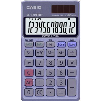 Elektronski žepni kalkulator z LCD-zaslonom prikazuje '1234567890.12'. Vsebuje funkcije, kot sta davčni izračun in pretvorba dveh valut.
