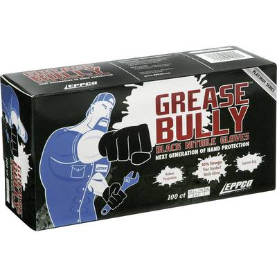 Škatla rokavic 'Grease Bully', črne nitrilne rokavice. Ilustracija moškega s ključem in dvignjeno roko.