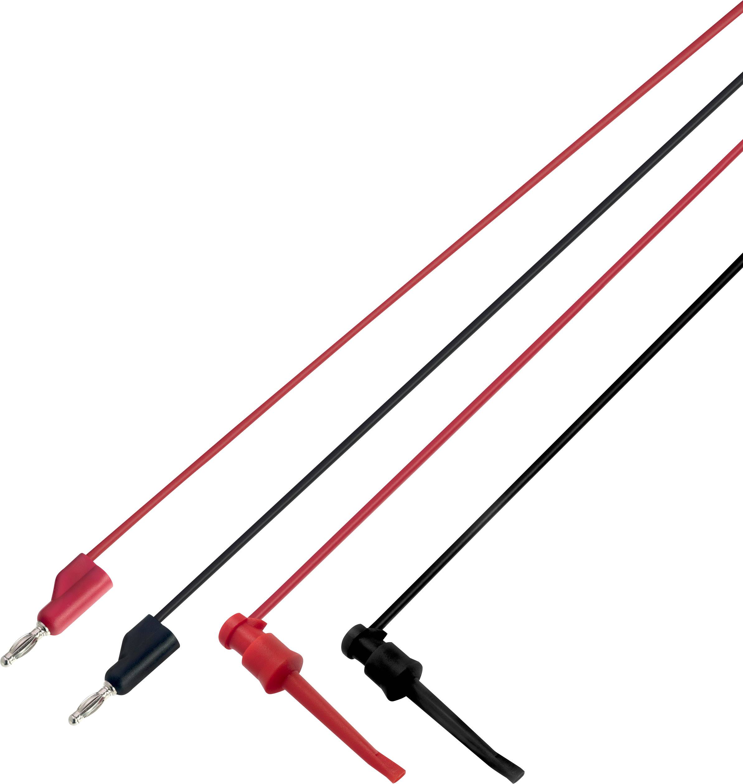Rdeči in črni merilni kabli s bananski vtikači, ki se uporabljajo za električne meritve.