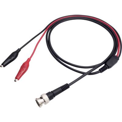 Črni kabel z BNC-vtičem in dvema krokodilkljunastima sponkama v rdeči in črni barvi, primeren za električne povezave in preizkuse.