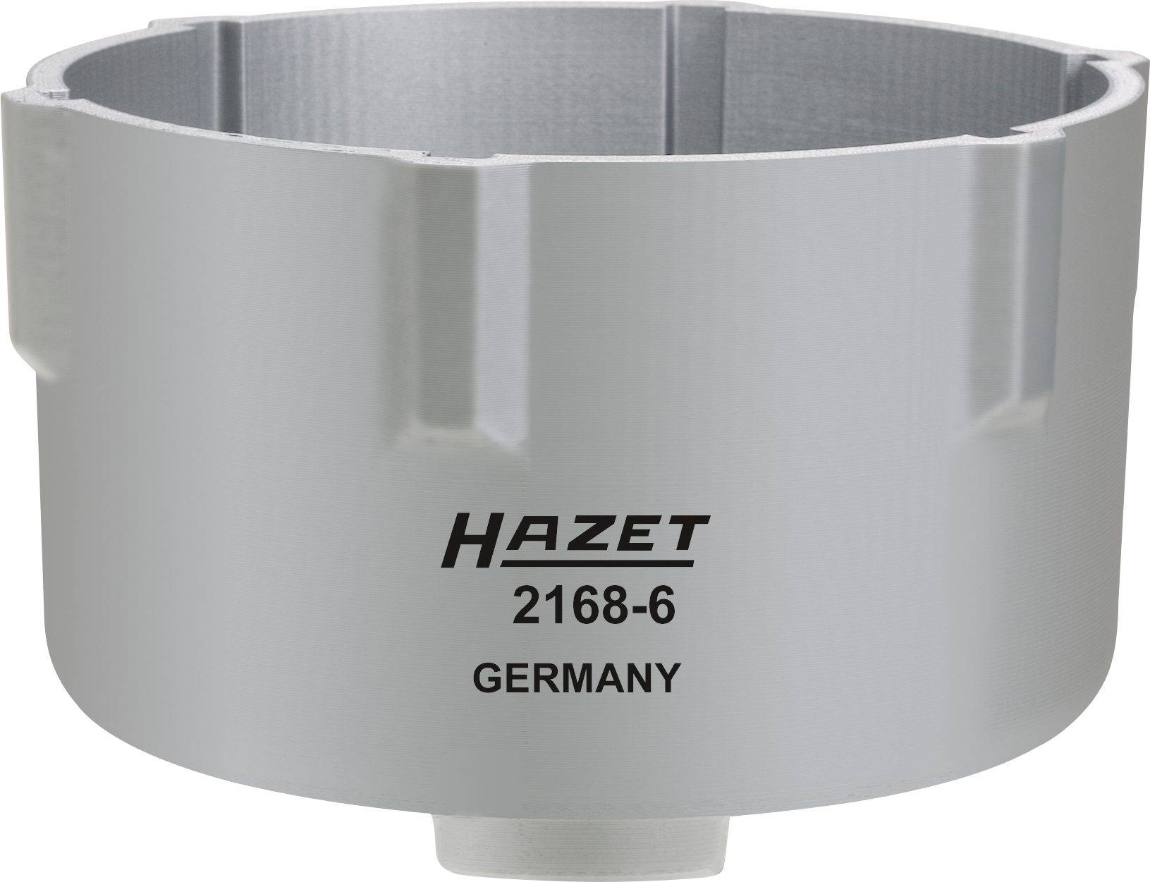 Sivo-srebrni Hazet ključ za oil filter z reliefnim napisom 'HAZET 2168-6 GERMANY', primeren za vzdrževanje vozil.
