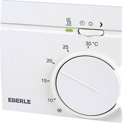 Bel termostat znamke Eberle z veliko obračalno lestvico od 10 do 30 stopinj Celzija. Prikazuje nastavitve temperature.
