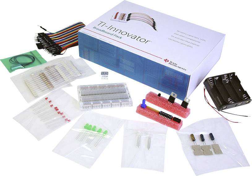 Elektronski komplet delov z upori, LED-diodami, kabli, tranzistorji in drugimi elementi. Embalaža z napisom 'TI-Innovator'.