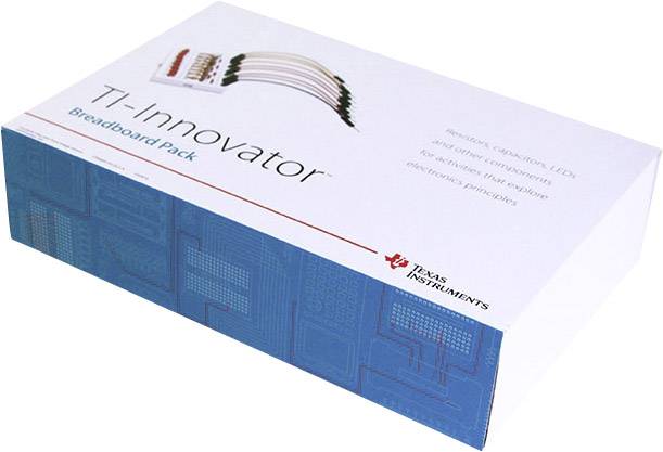 Komplet razvojne plošče TI-Innovator z modrim vzorcem vezij in logotipom Texas Instruments, ki vsebuje elektronske komponente.