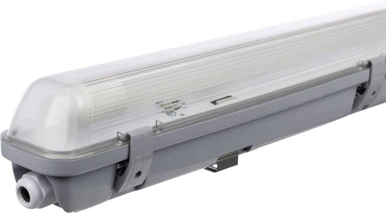 Siva LED-svetilka s prosojnim zaščitnim ohišjem, primerna za industrijska ali poslovna okolja.