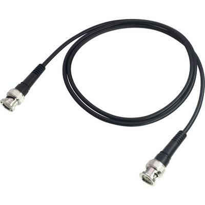 Črni koaksialni kabel z BNC-priključki na obeh koncih, primeren za prenos videa in podatkov.