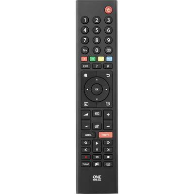Črni večnamenski daljinski upravljalnik s tipkami za številke, glasnost, kanale in funkcije kot sta 'Netflix' in 'Priljubljene'.