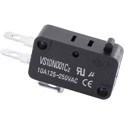 Črn mikrostikalo z kovinskimi priključki. Označen z 'VS10N001C2' in '10A125-250VAC', primeren za električne aplikacije.