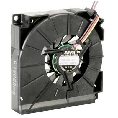 Črn, kvadraten ventilator z napisom 'SEPA DC BRUSHLESS', ki je povezan z večbarvnim kablom.