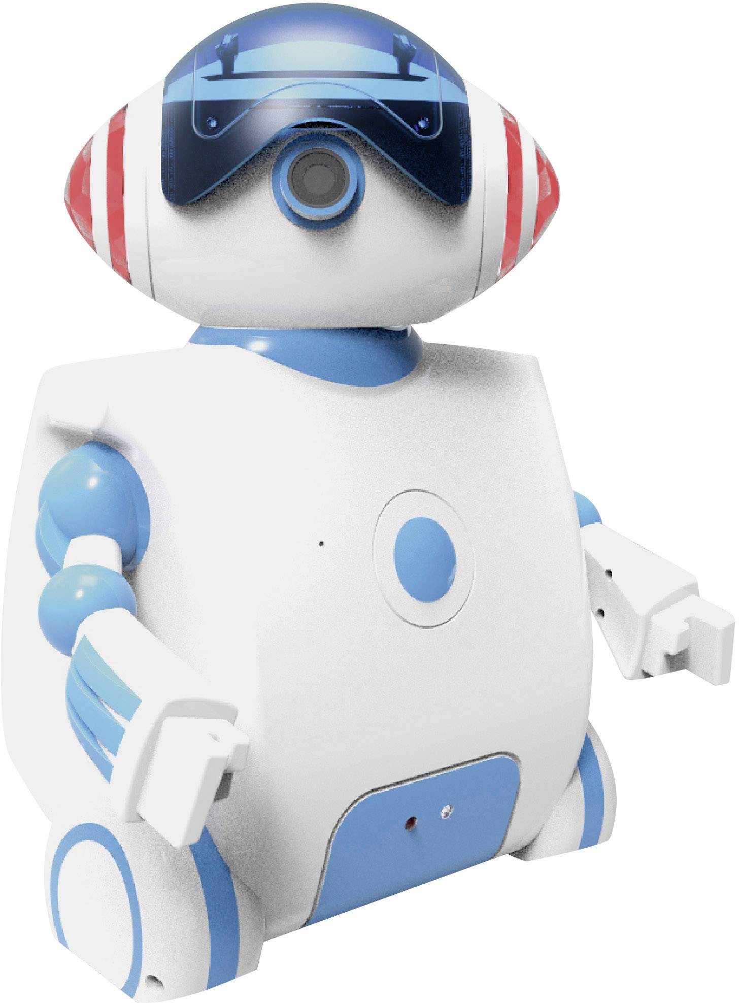 Bel-moder robot z velikimi okroglimi očmi in rdečimi progami na ušesih stoji pokončno.