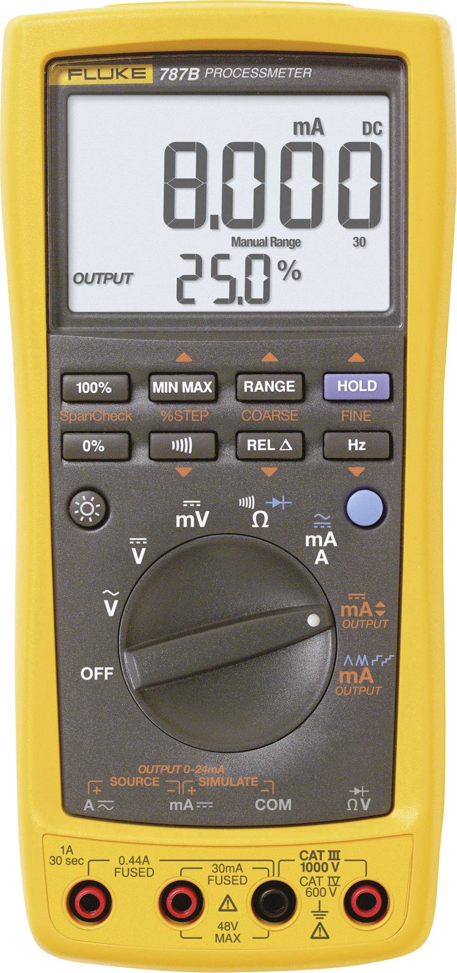 Multimeter z rumeno ohišjem prikazuje '8.000 mA' in '25.0%' na zaslonu. Ima veliko tipk za različne merilne funkcije.