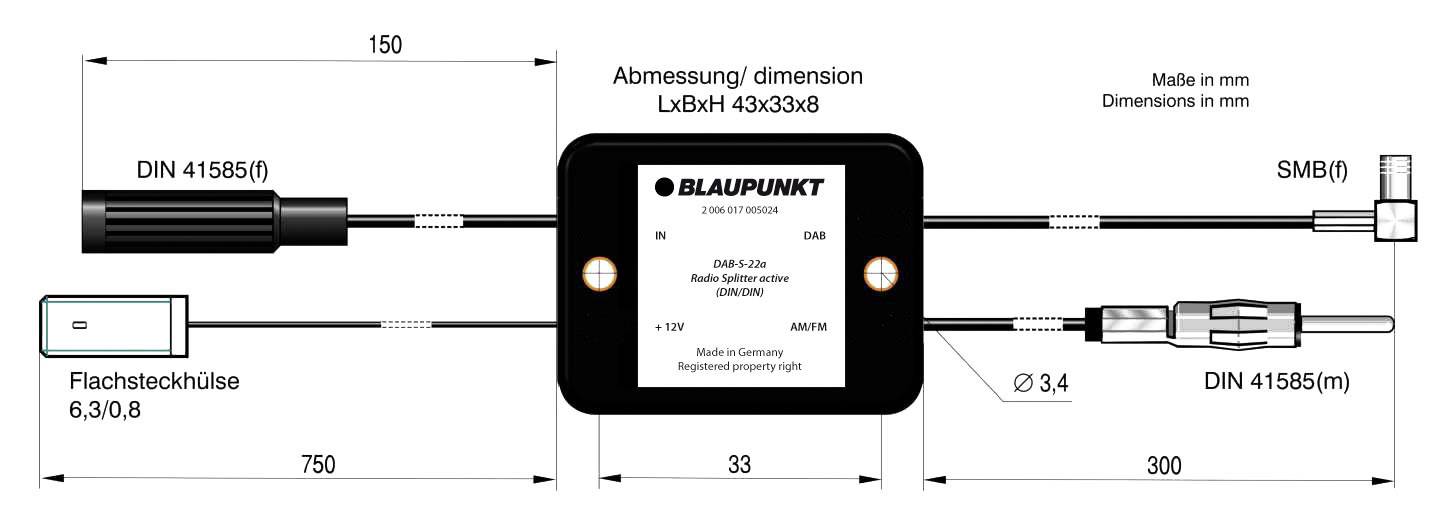 'Diagram naprave Blaupunkt z priključki: DIN 41585, 6,3/0,8 ploščata vtičnica, SM(B), dimenzije: 43x33x8 mm.'
