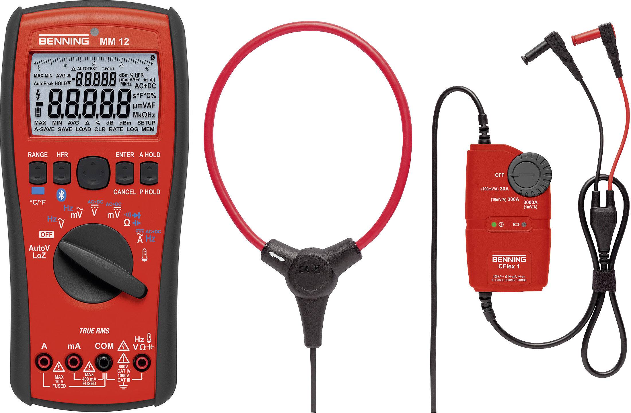 Multimeter in dodatki: Levo je digitalni multimeter z zaslonom in obračalnim stikalom. Desno je fleksibilna tokovska klešča in adapter z žico.