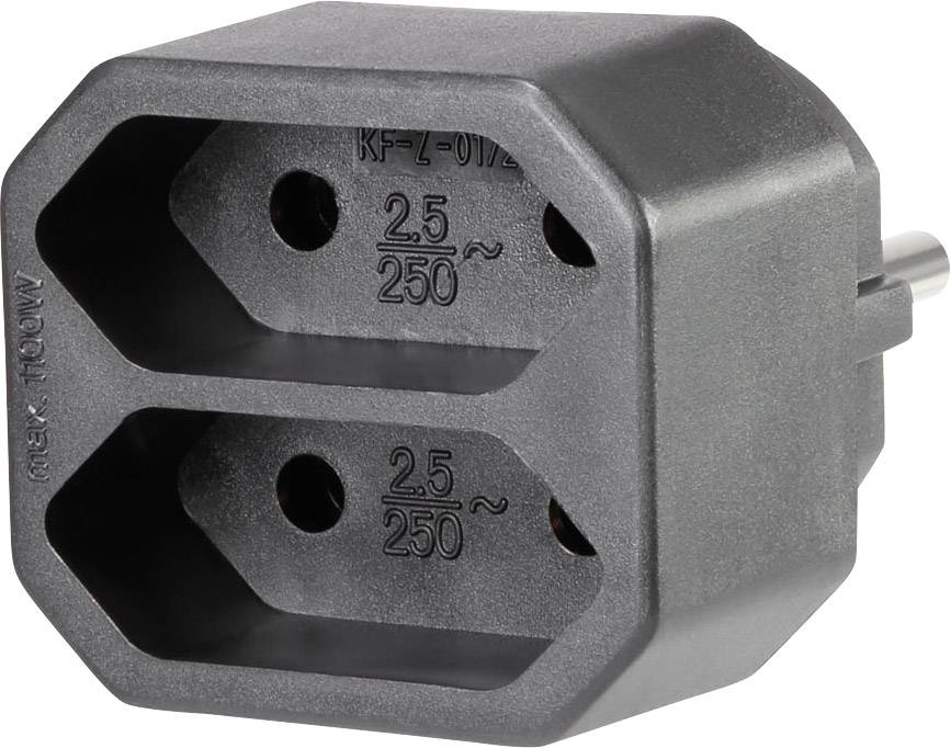 Črn potovalni adapter z dvema vtičnicama, označen z '2.5 250~', za priklop elektronskih naprav na mednarodne vtičnice.