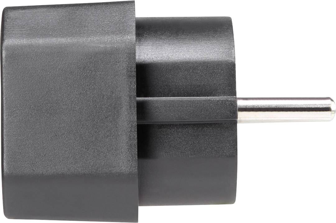 Črn adapter z okroglim kovinskim priključkom, ki se uporablja za priklop elektronskih naprav v električno vtičnico.
