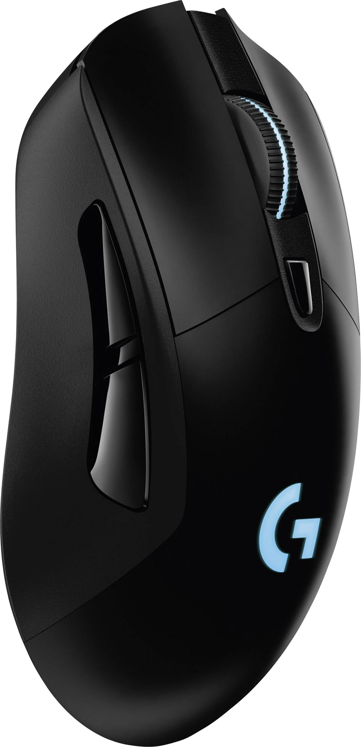 Črna ergonomska gaming miška z modrim, svetlečim logotipom 'G', scroll kolešček in stranskimi tipkami, primerna za desničarje in levičarje.
